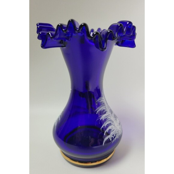 Vintage Egermann Blue Mary Gregory Hand Painted Ruffle Top Czech‎ Glass Vase - Picture 6 of 11